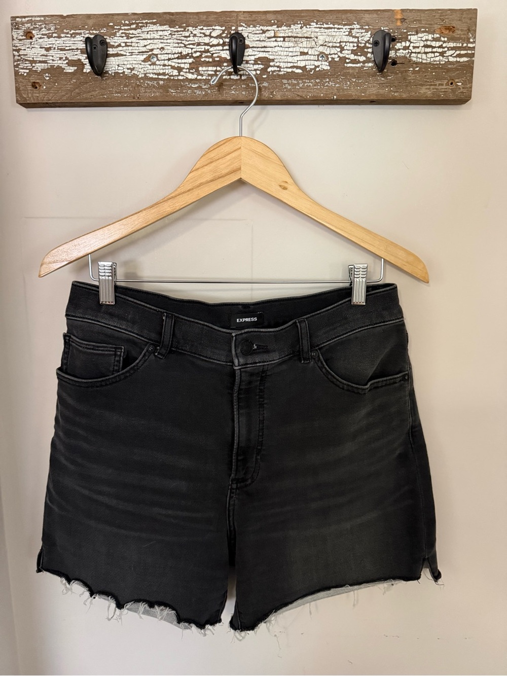 Express Midi Black Denim Shorts with Stretch